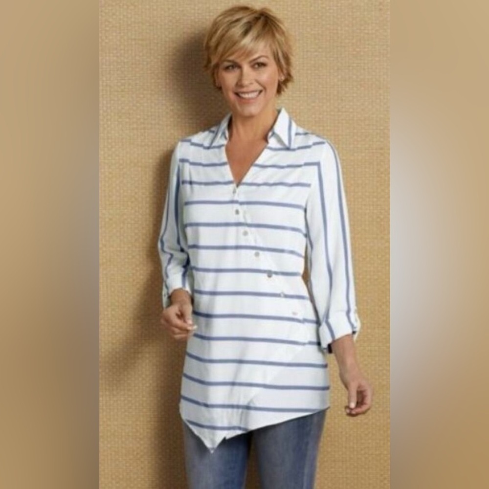 Soft Surroundings Washed Tencel Tunic Top Large blue white stripe button‎ front